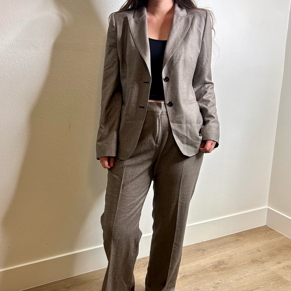 MaxMara Brown Wool Textured Blazer Pant Suit Set Blazer 12 Pants Size 14